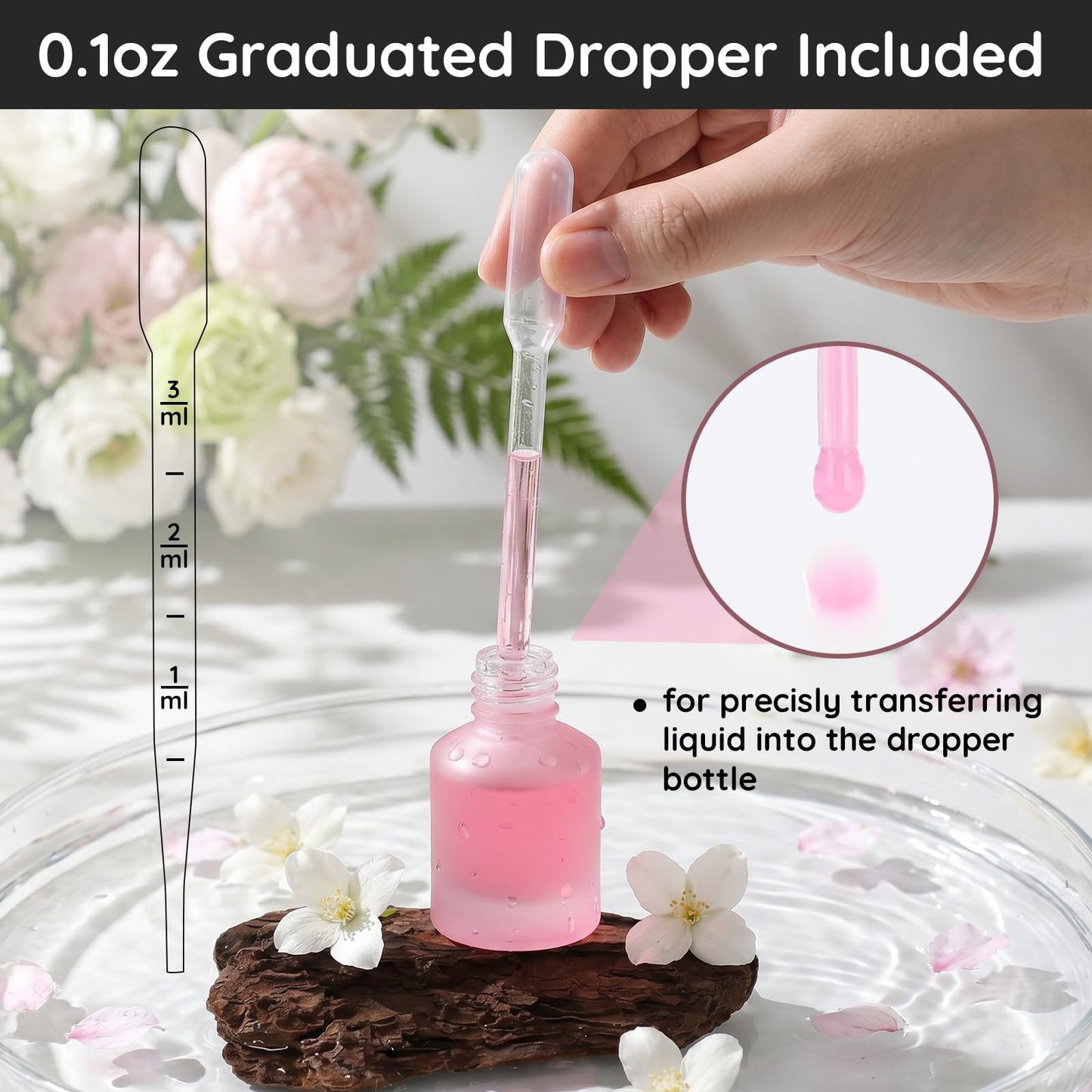 Segbeauty 0.5oz Frosted Glass Bottle with Dropper for Essential Oils, 15ml Small Travel Glass Dropper Bottle Refillable, 4pcs Pink Empty Travel Size Bottles for Hair Oils Liquids with Transfer Tool