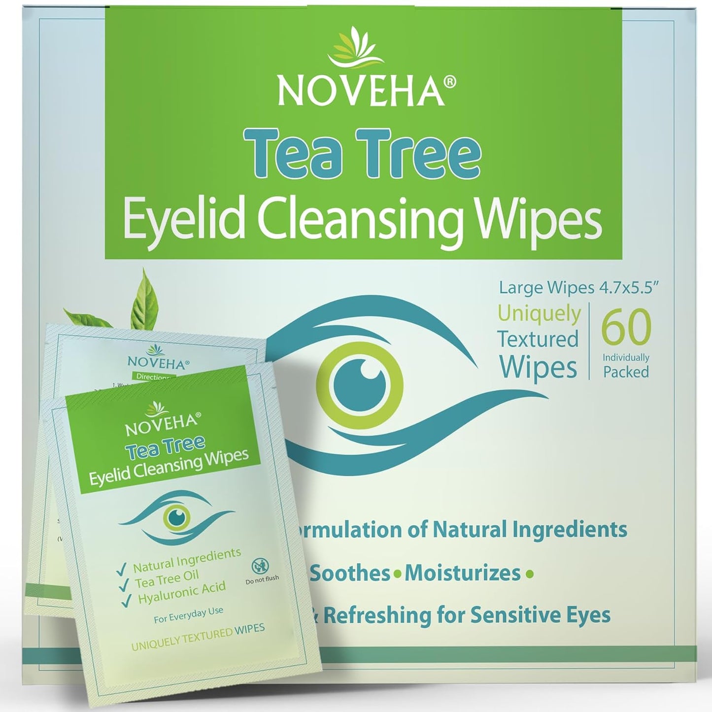 NOVEHA Tea Tree Oil Eyelid & Lash Wipes - Hyaluronic Acid, Green Tea & Chamomile | 60 Individually Wrapped Cleansers for Blepharitis & Itchy Eyes