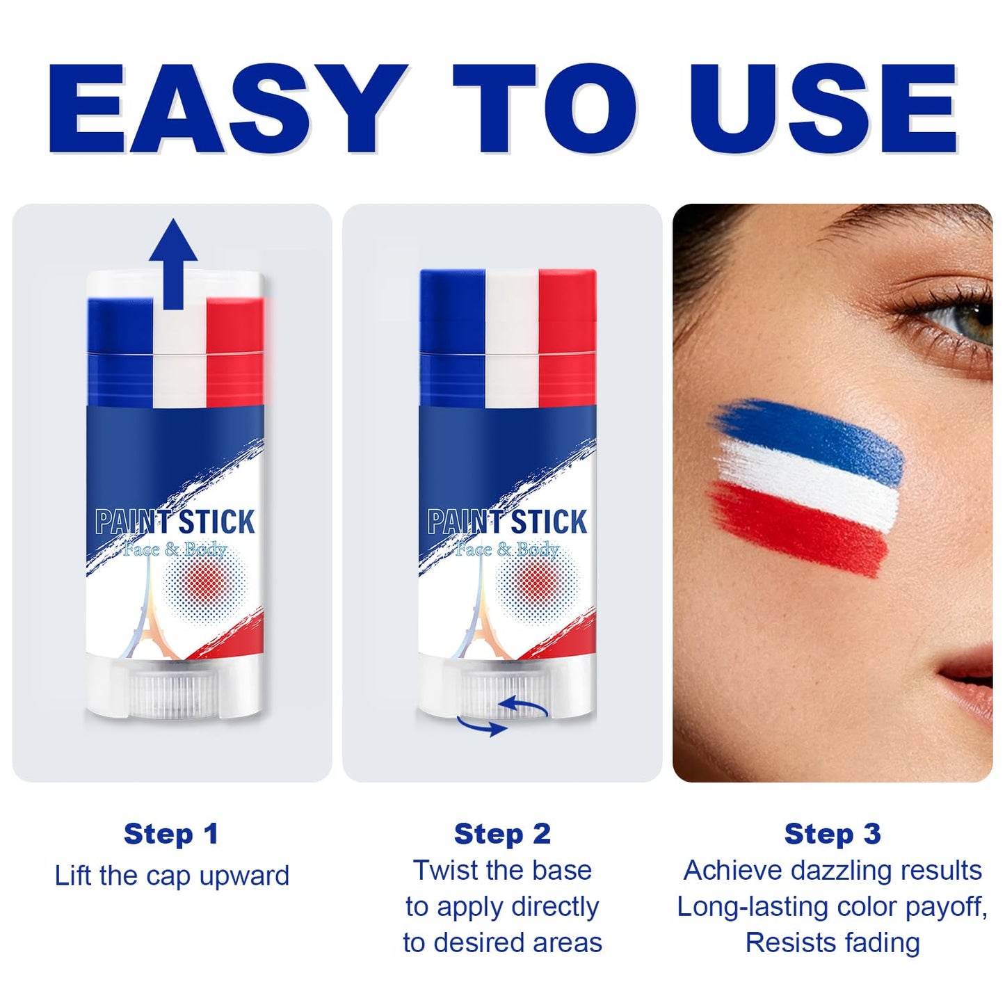 France Face Paint Stick - Sweatproof High Pigment for World Cup Fans | Red, White & Blue Colors