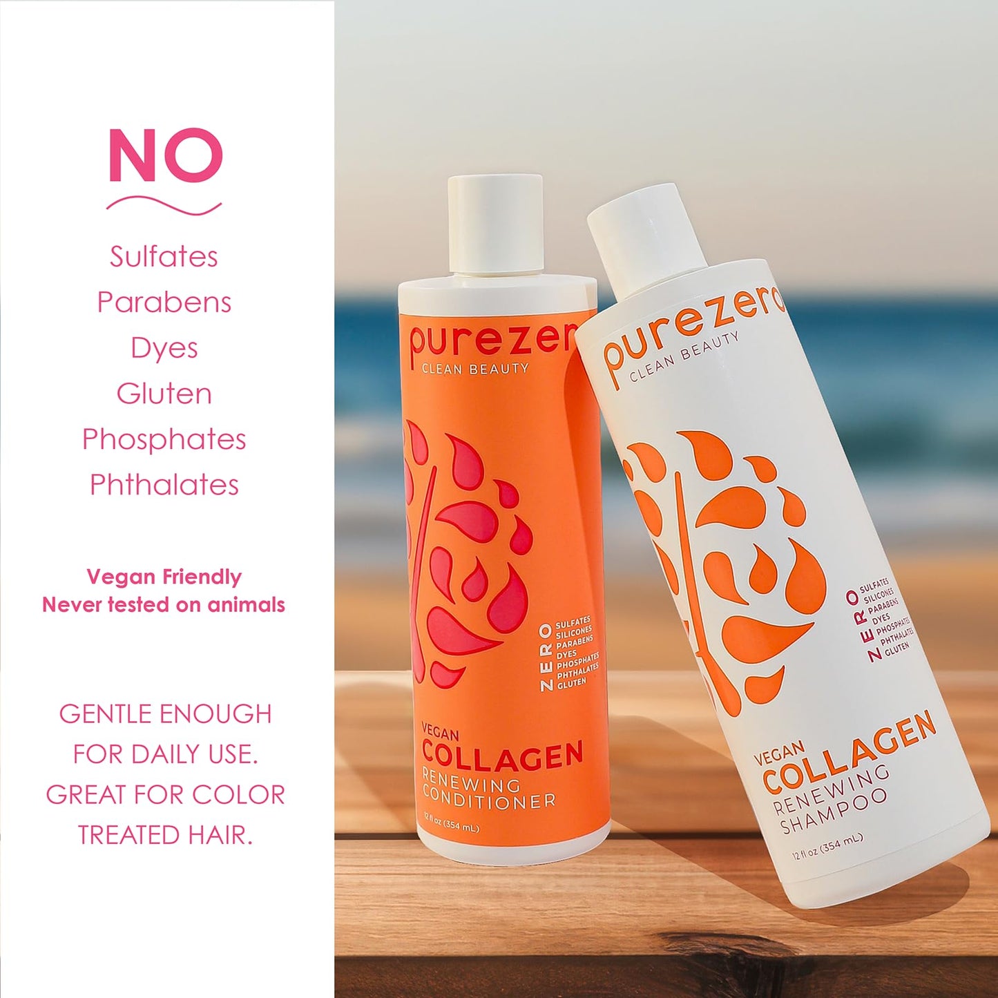Purezero Collagen Silicone Free Shampoo & Conditioner Set - Strengthening & Hydrating - Duo for Dry or Damaged Hair – Plant-Based Collagen, Sulfate-Free, Paraben-Free, Cruelty-Free, 2 × 12 oz
