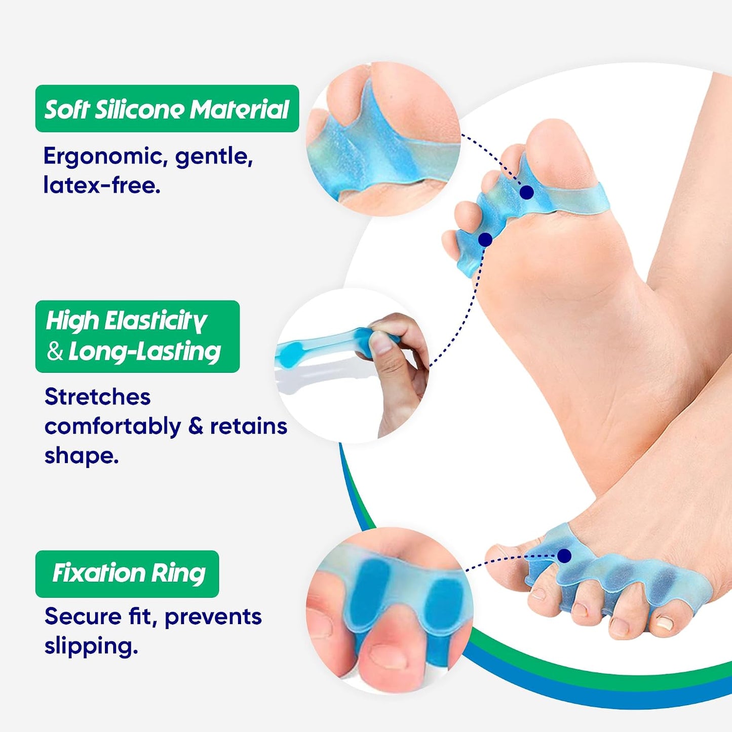 Toe Separators for Bunions | Gel Toe Spacers & Hammer Toe Straightener | Silicone Stretcher for Yoga (1 Pair, Blue)