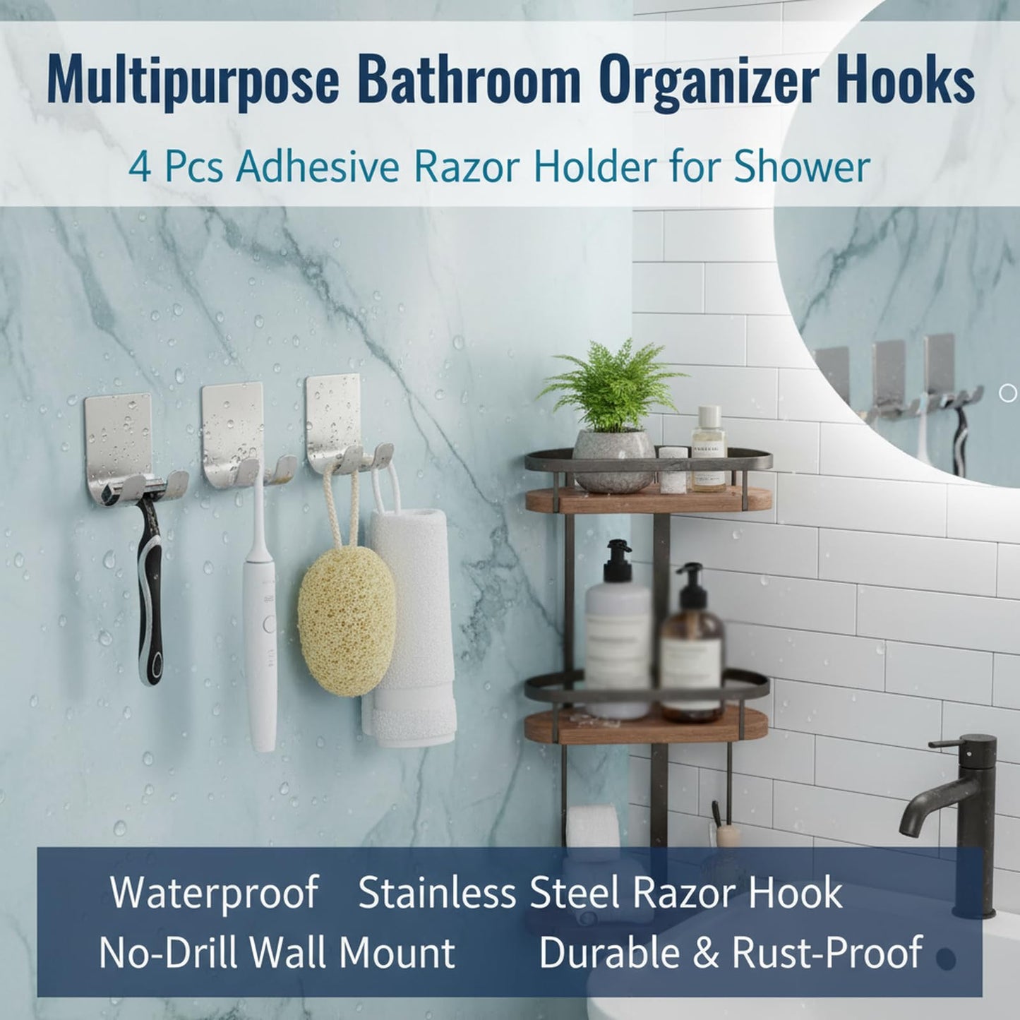 4 Pcs Adhesive Razor Holder for Shower, Waterproof Stainless Steel Razor Hook, No-Drill Wall Mount Shaver Hanger, Multipurpose Bathroom Organizer Hooks (Silvery)