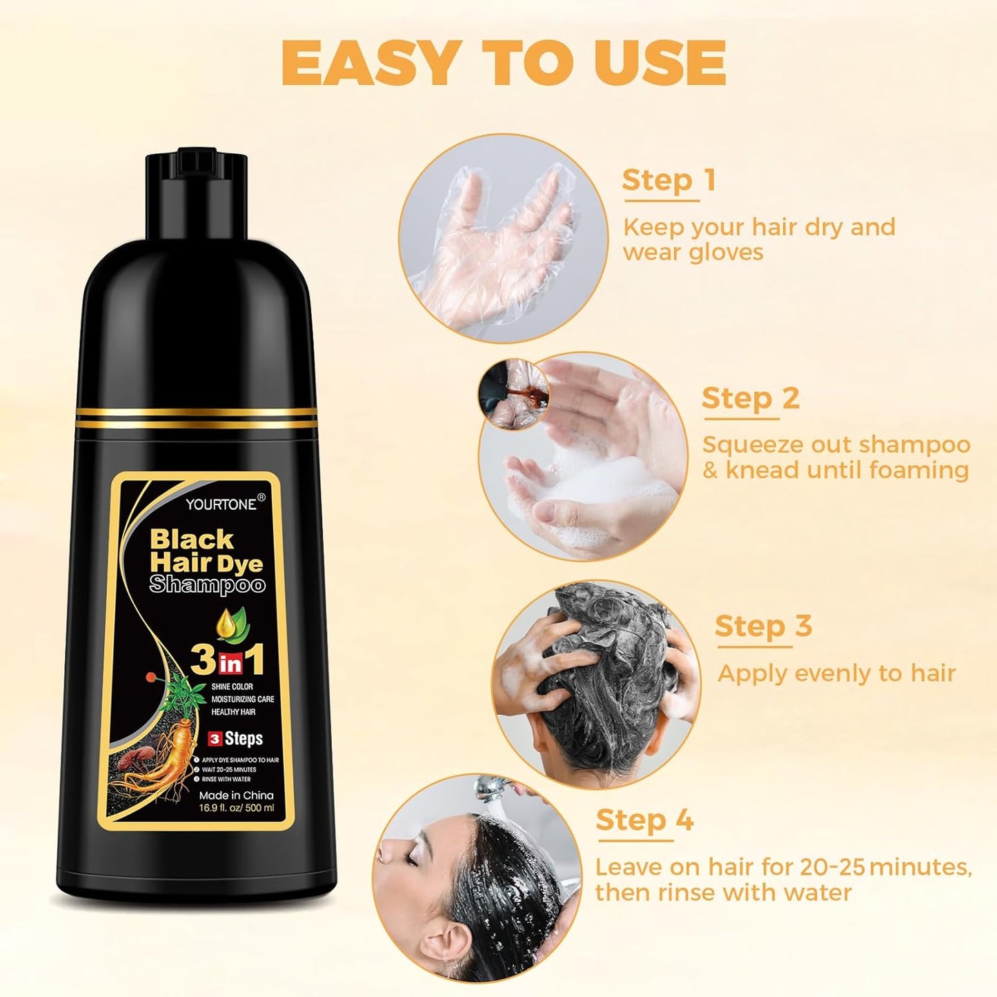 YOURTONE Black Hair Dye Shampoo - 3-in-1 Gray Coverage for Men & Women | Herbal Formula, 16.9 Oz