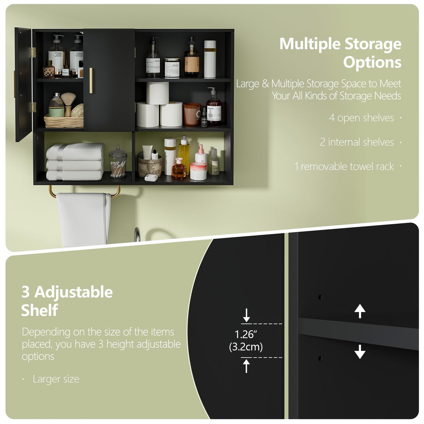 Tltaroni Bathroom Wall Cabinet Wood Large Wall Mounted Medicine Cabinet with 2 Doors and 4 Open Shelves Over Toilet Storage Cabinet Organizer with Towel Bar, Black