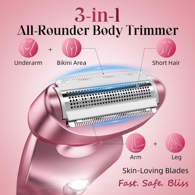 Cordless Electric Razors for Women: Rechargeable Painless Bikini Trimmer for Body Hair - IPX7 Waterproof Shaver with LED Display for Face/Underarm/Leg Light Pink Upgraded