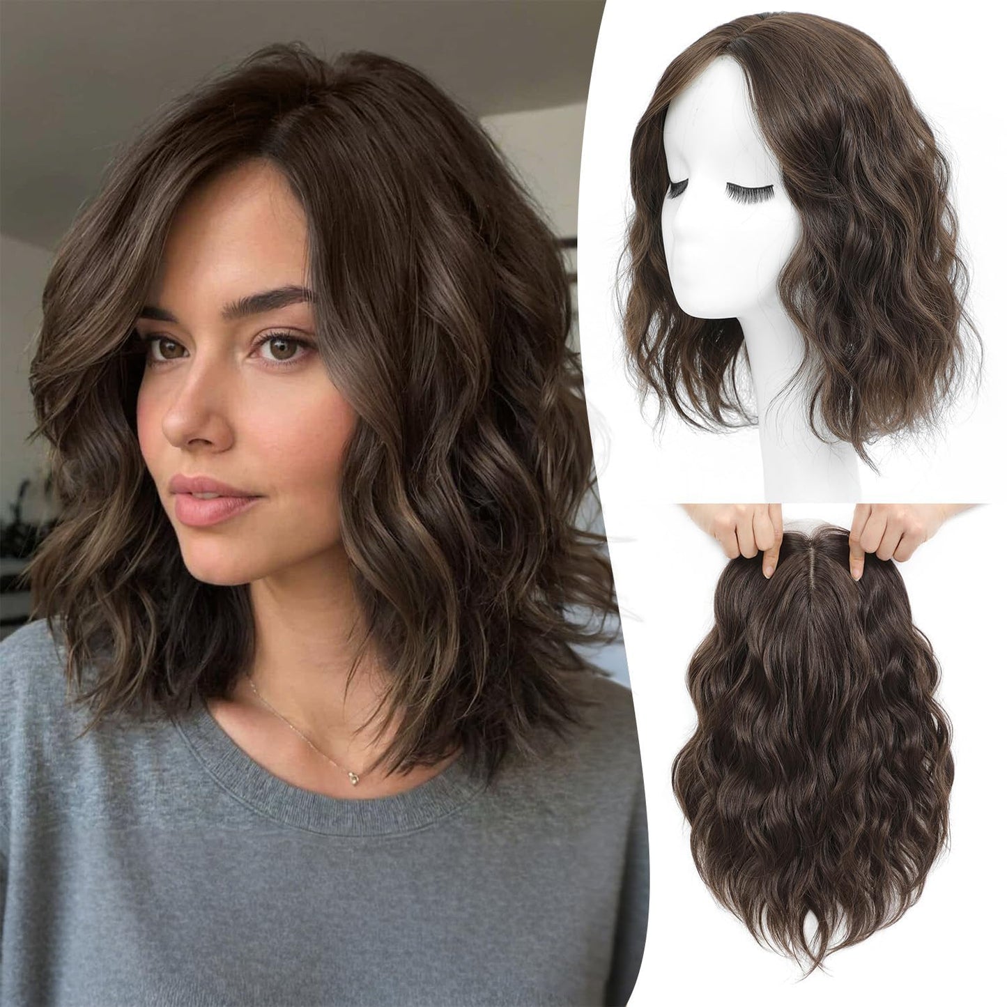 Short Wavy Hair Topper for Women - 11 Inch Natural Synthetic Hairpiece, Lightweight & Breathable | Dark Brown, 6.5"x6.5" Base