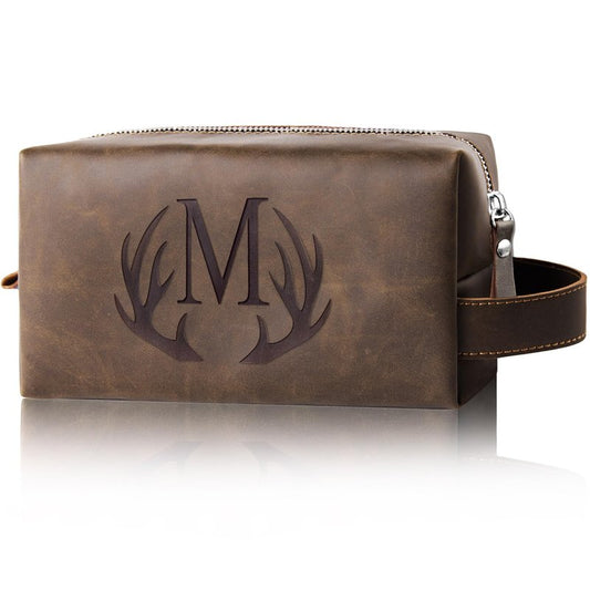Aganmi Mens Toiletry Bag Personalized Easter Fathers Day Birthday Gifts for Men Him Initial PU Leather Waterproof Shaving Bag for Toiletries Accessories Travel Essential for Dad Husband Boyfriend (M)