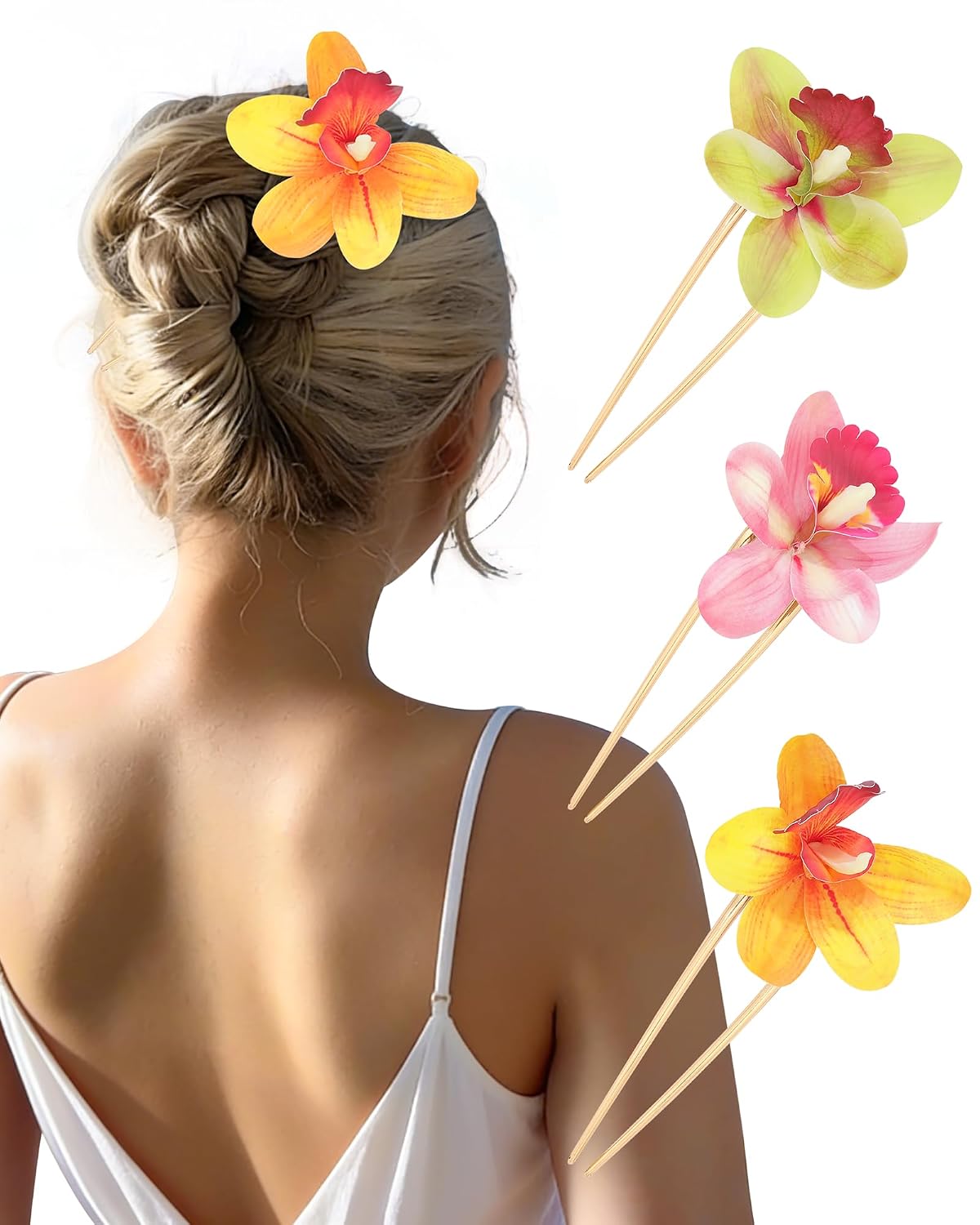 Hawaiian Orchid Flower Hair Pins - 3 Pack Metal Hair Sticks for Thick Hair Updos | Perfect for Beach Vacations