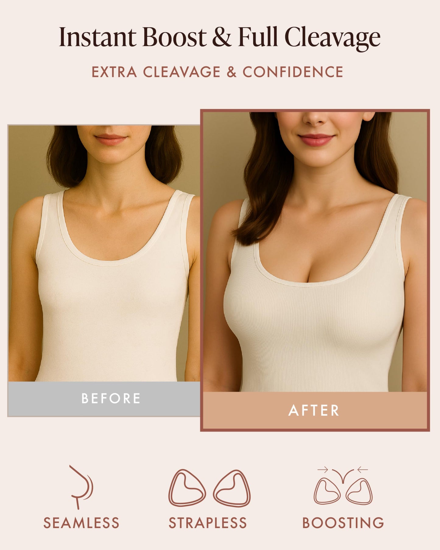 Bare Babe Sticky Push Up Inserts, Double Sided Sticky Bra Inserts, Adhesive Bra Pads, Sticky Bra Lift, Push Up for Bikini (Honey, Large)
