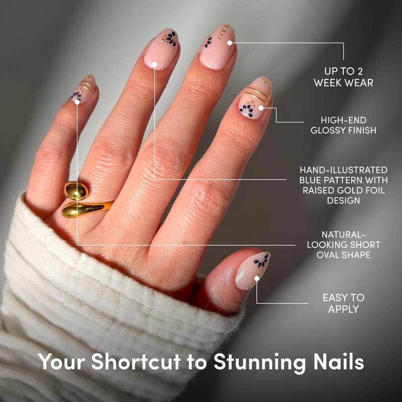 Glamnetic Press On Nails - Short Oval Greek-Inspired Patterns with Gold Foil | 30 Nail Kit with Glue, 15 Sizes