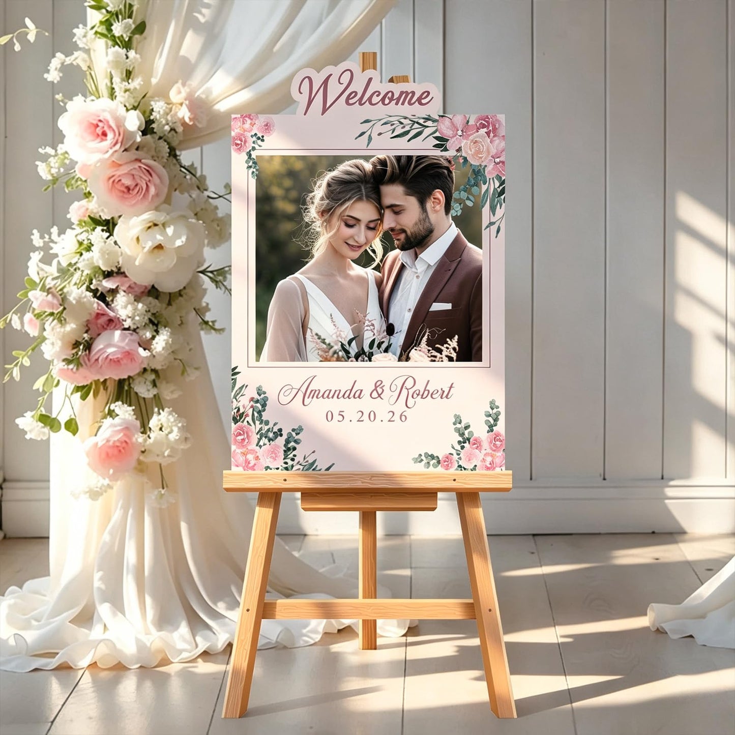 Byxhuc Custom Wedding Sign, Personalized Floral Wedding Welcome Sign with Couple Photo Names Date, Customized KT Board Welcome Sign for Ceremony Reception Bridal Engagement Party