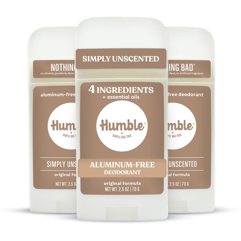 Humble Aluminum-Free Deodorant for Women & Men, Simply Unscented - Clean & Fresh Natural Deodorant Stick with Essential Oils for Long-Lasting Odor Control - 3 Pack