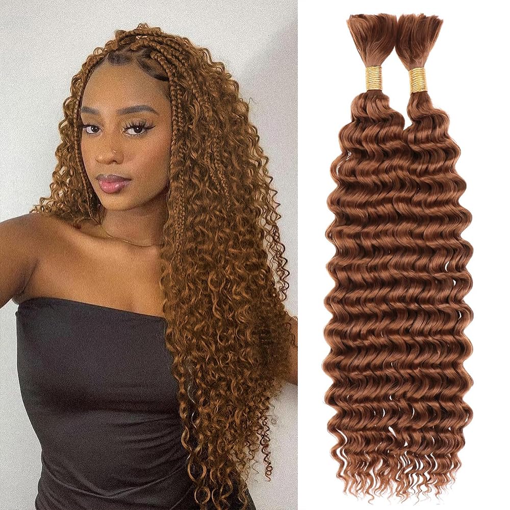Color 30 Braiding Hair for Boho Braids 24 Inch 2 Bundles 100g Brown Deep Curly Wave Bulk No Weft Long Wet and Wavy Braiding Human Hair Extensions