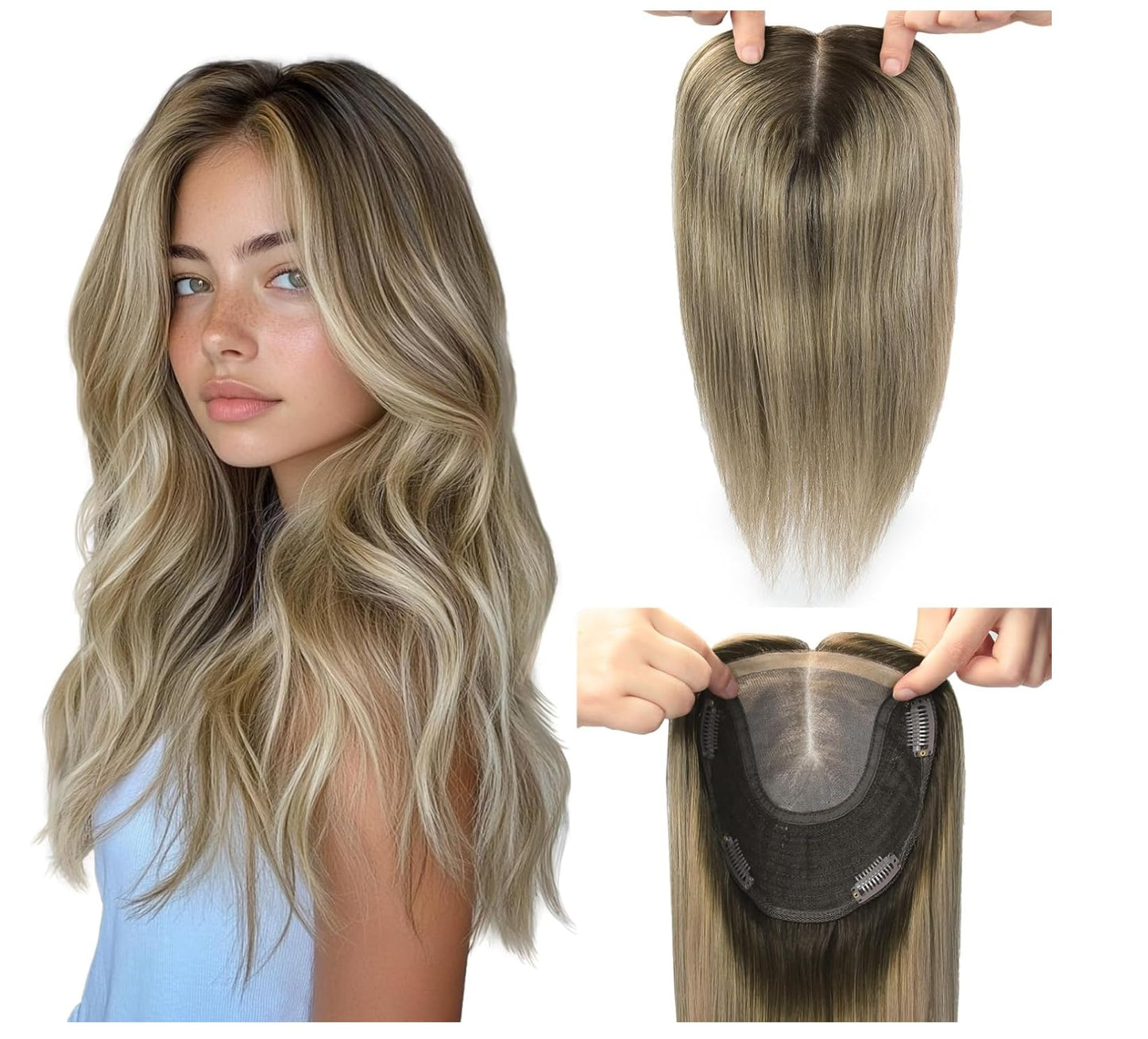 HappyNewHair Hair Toppers for Women Real Human Hair,6x7inch Large Base 360° 3D Human Hair Topper Dark Brown To Chestnut Brown Highlight Ash Blonde 12inch 55g