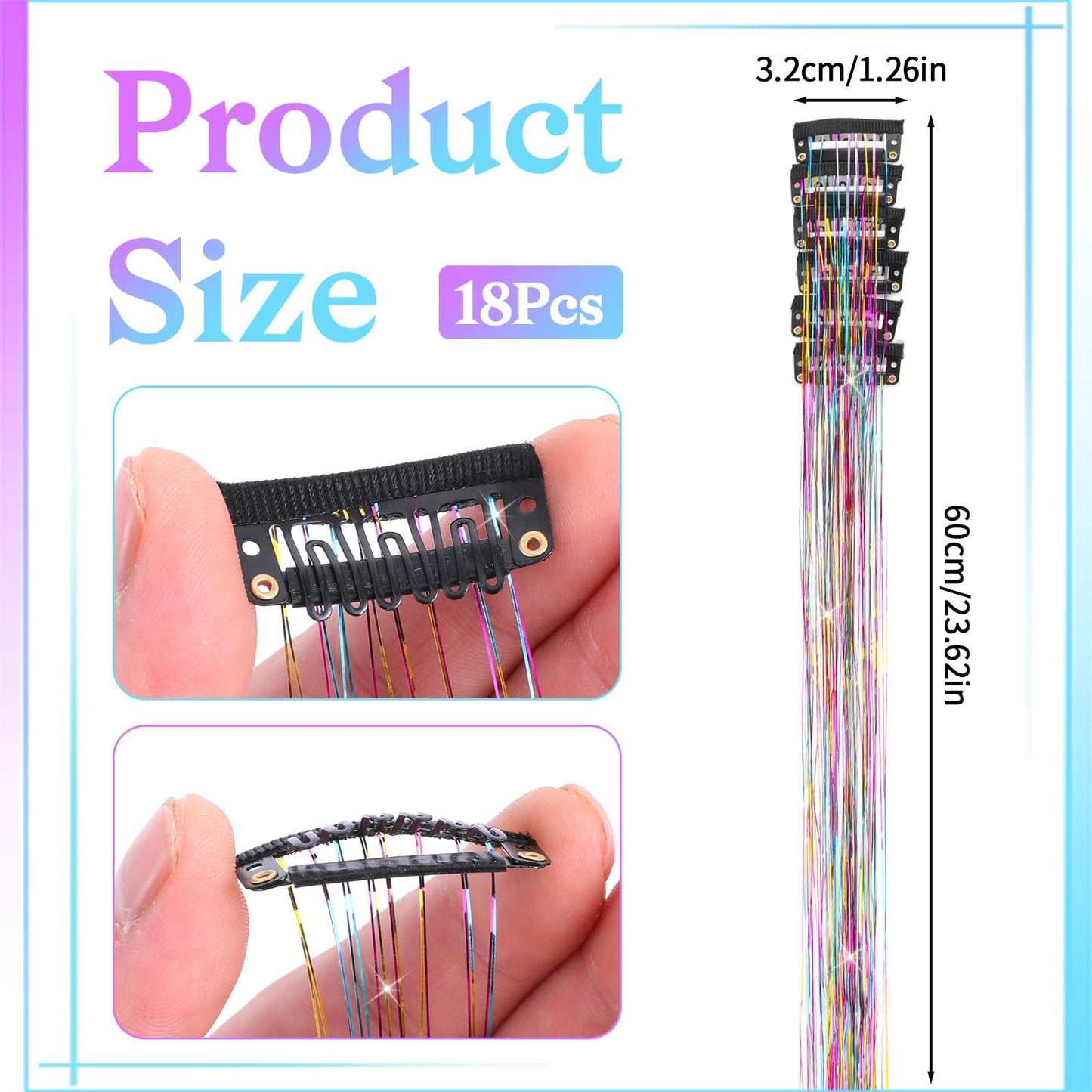 Qianyu 18 Pcs Hair Tinsel Clip in Colorful Glitter Tinsel Hair Extensions Shiny Sparkling Fairy Clips Party Dazzling Head Accessories for Festival Kids Women Girls (Rainbow)