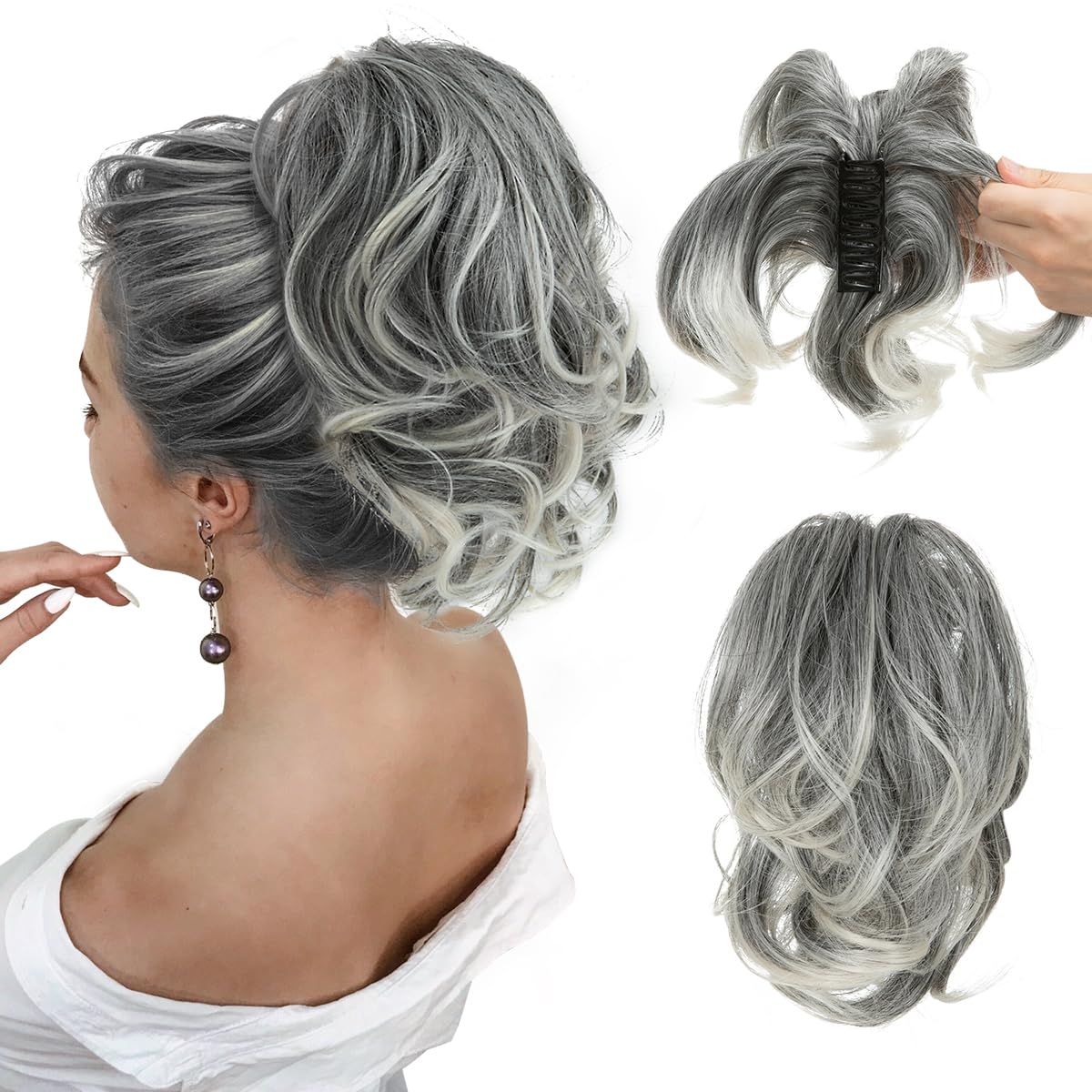 CJL Hair Claw Clip Short Ponytail Extensions - Bendable Metal Messy Bun Piece | Wavy Curly Synthetic Hair, Ash Grey