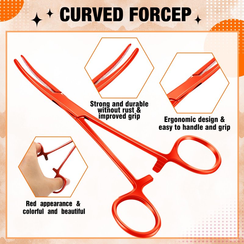 BBTO Hemostat Curved and Straight Hemostat Forceps Piercing Pliers Forceps, Stainless Steel Straight and Curved Pliers, Fishing Tweezer (Orange,2 Pcs)