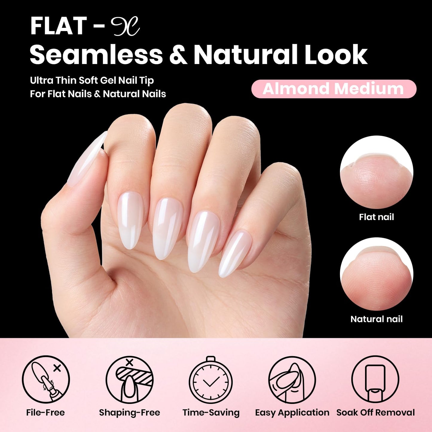 Beetles Gel Nail Kit Flat-X, Almond Medium, 320pcs 16 Sizes Nail Tips, with 15g Nail Glue Gel Hands-Free, 7.5ml Base Gel & Top Coat, Mini Lamp, for Acrylic Press On Nail, Extension DIY Set at Home