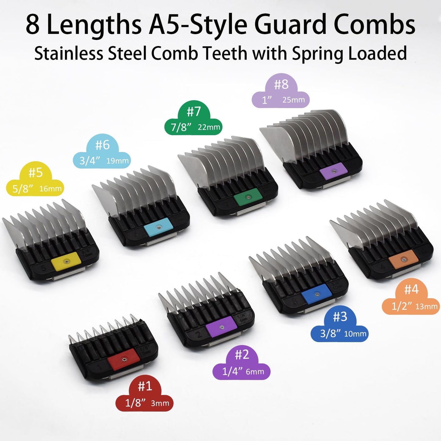8 Pieces Professional Animal Stainless Steel Attachment Guide Guard Combs for A5 Style Detachable Blade Pet Groomers, Compatible with Wahl KM Series Andis AG BG Oster Classic 76 A5 A6 Animal Clippers
