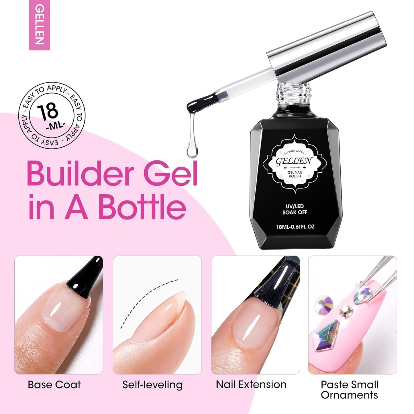 Builder Nail Gel Set - Soak Off Hard Gel with Top & Base Coat | 3 Pcs 18ml for Nail Extensions & Strengthening
