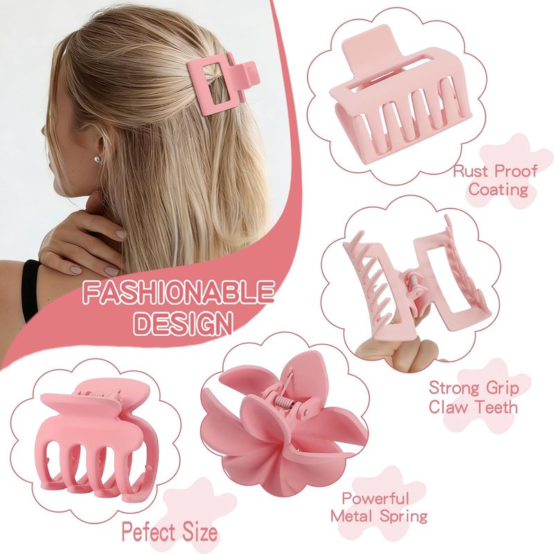 Matte Hair Clips for Women - 8 Pcs Strong Hold Non-Slip Claw Clips | Flower & Rectangle Styles in Neutral Colors