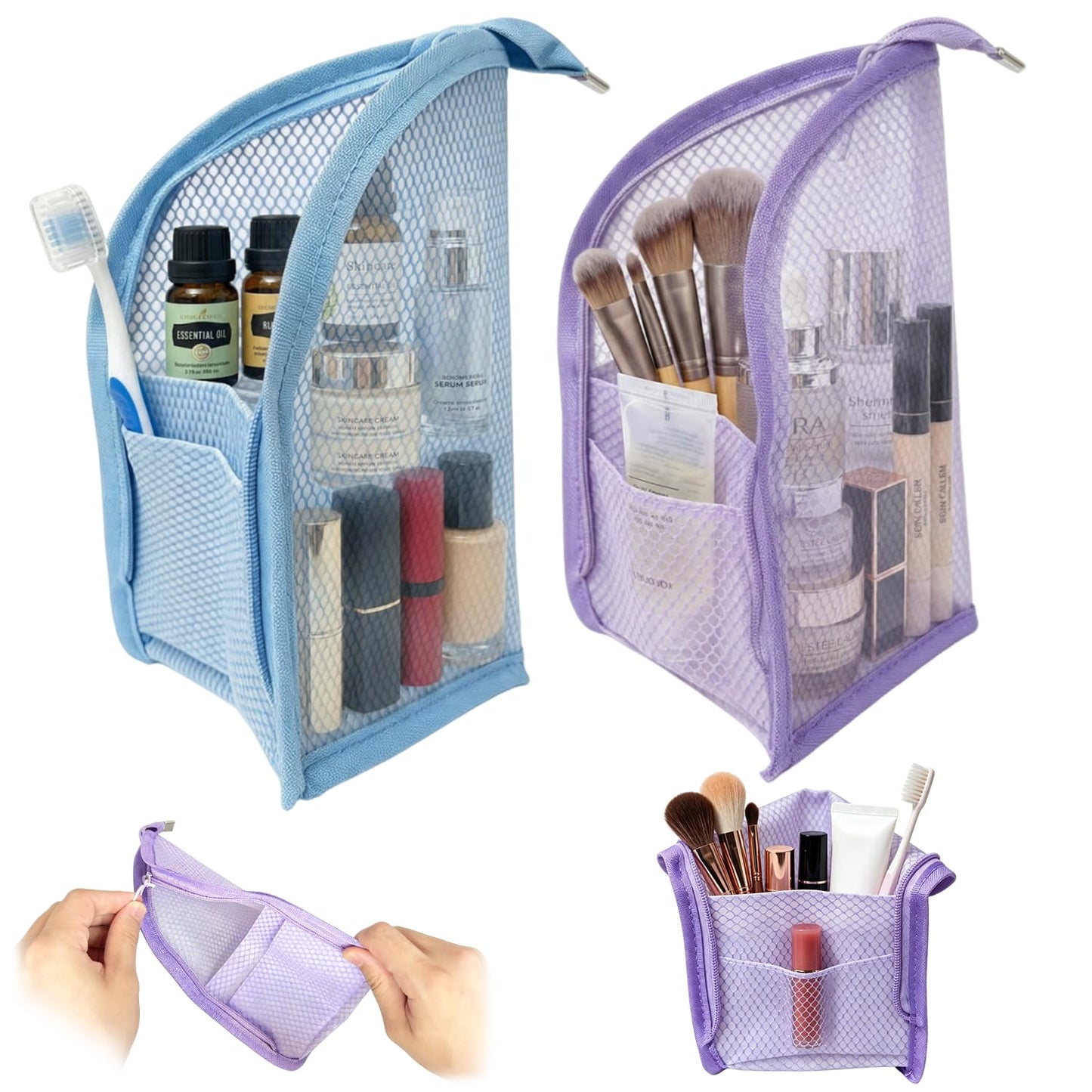 2PCS Standing Toiletry Bag, Lightweight EVA Mesh Large Capacity Waterproof Stand up Makeup Bag, Foldable Clear Hanging, Standing Travel Toiletry Pouch for Bathroom, Gym, Business Trip,Family Travel