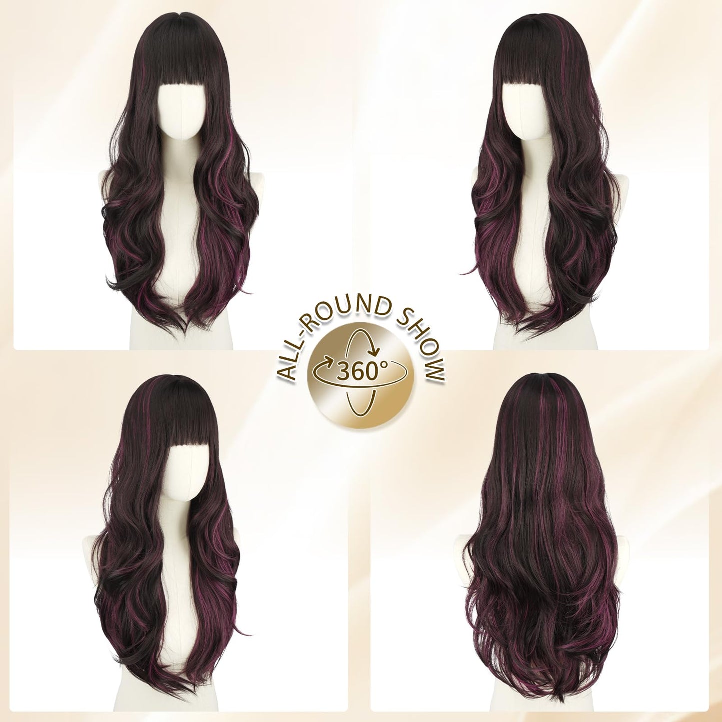 Haloo Brown Wigs with Bangs - Long Layered Natural Looking Synthetic Heat Resistant Wavy Hair Wigs for Women Daily Party, 26 Inch Black Brown Mixed Pink