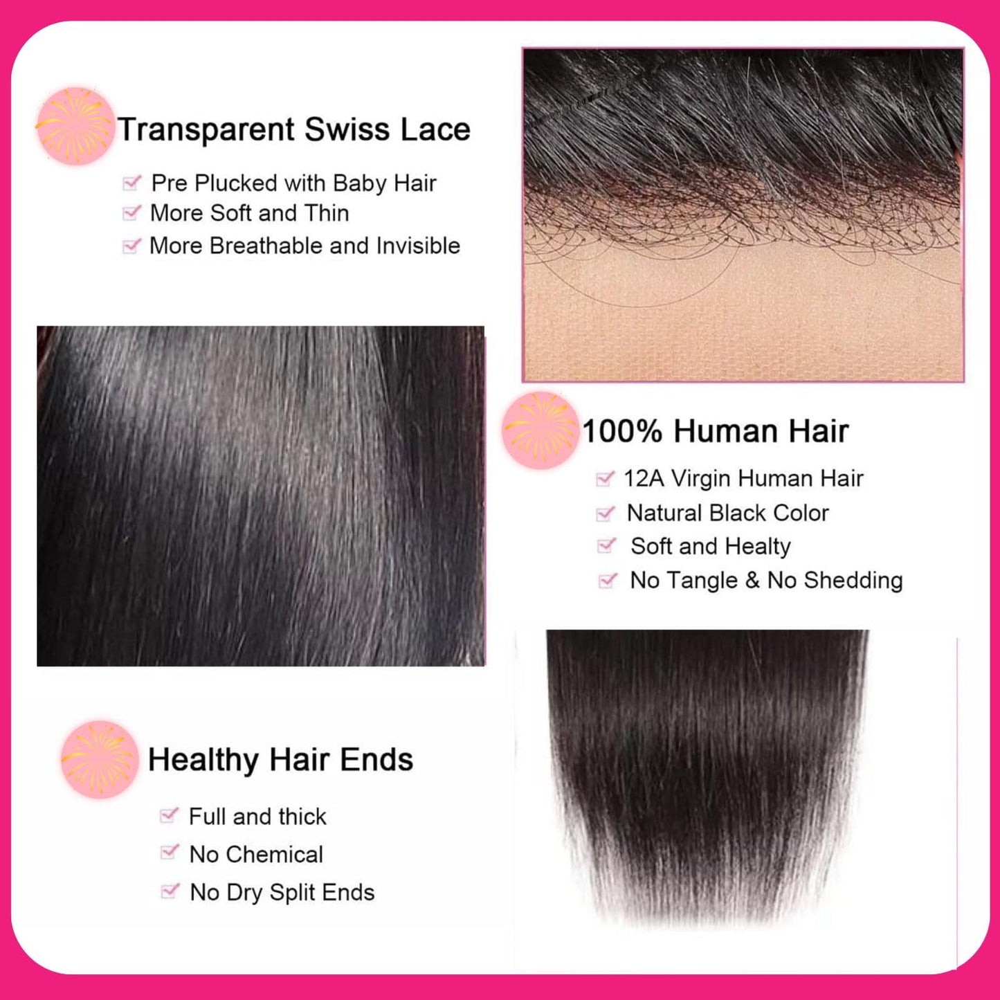 2x6 Hd Lace Closure, Middle part Straight Human Hair Closure Invisible Transparent HD Lace, 14 Inch 2 by 6 Lace Frontal Closure Only Bleached Knot Pre-Plucked Natural Hairline Natural black 14inch