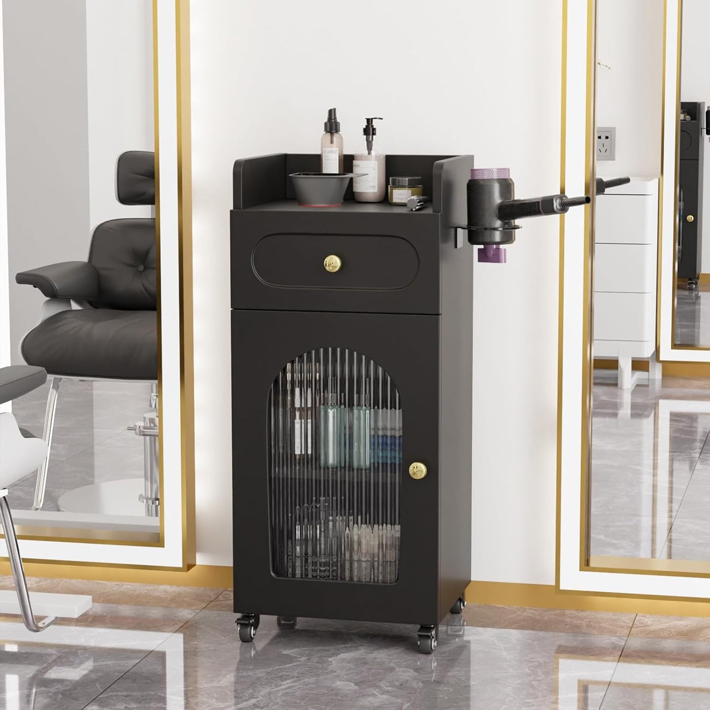 Salon Cart with Wheels - 3-Tier Rolling Beauty Cart with Glass Door & Dryer Holder | Mobile Hair Styling Station for Professionals - Black