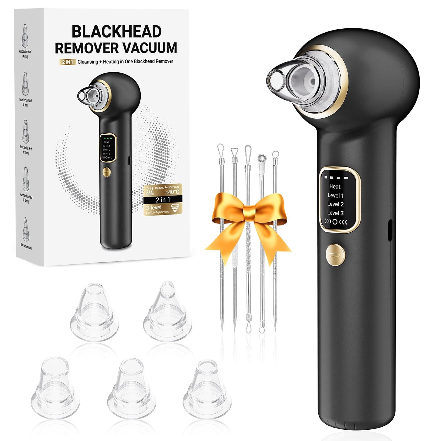 Blackhead Remover Pore Vacuum with Heating - Blackhead Extractor with 3 Adjustable Suction Levels, 5 Probes - Blackhead Remover Tools for Women & Men (Black)
