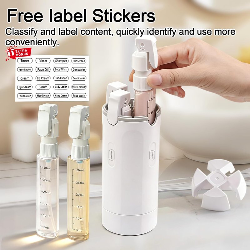 Travel Dispenser Bottles - 4-in-1 Refillable Shampoo & Conditioner Set | Compact & No-Spill Design for Vacations