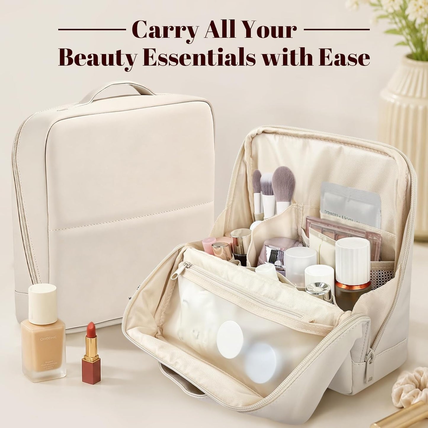 Large Waterproof Makeup Bag for Women - Foldable Cosmetic Organizer with Compartments & Detachable Dividers | Cream White