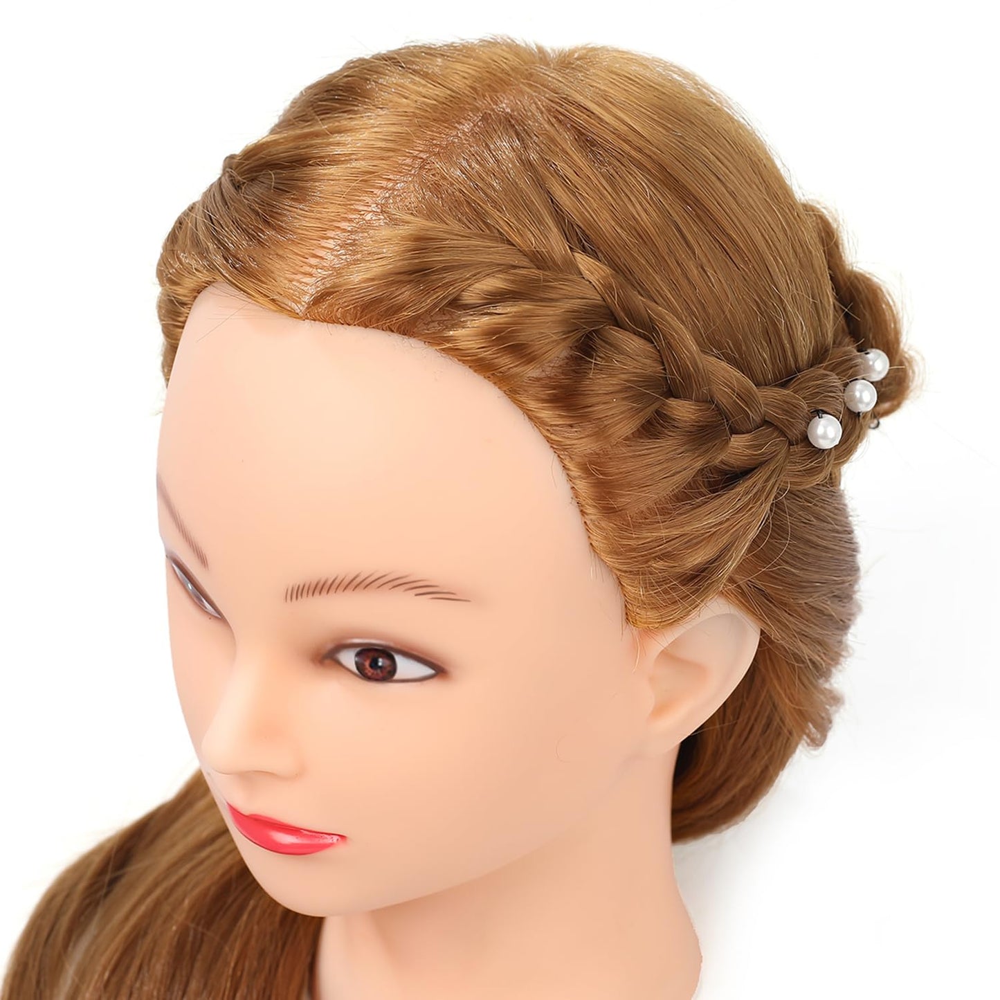 SOPHIRE 26"-28" Mannequin Head with 80% Real human Hair, Hairdresser Practice Training Head Cosmetology Long Hair Manikin Doll Head with 9 Tools and Clamp - #4 Brown, Makeup On