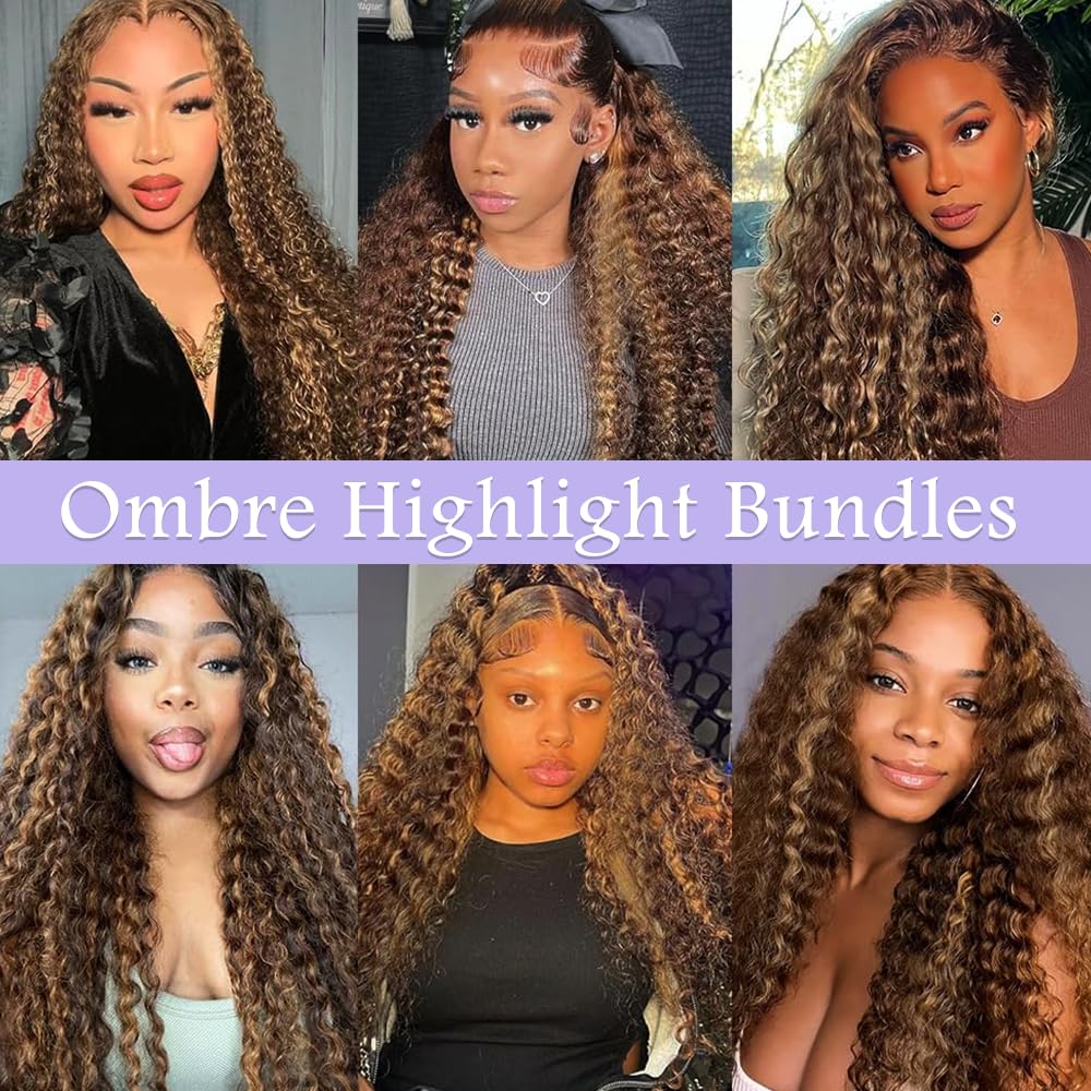 Highlight Brown Human Hair Bundles Ombre Brown Bundles #4 Deep Wave Bundle 16 inch P430 Deep Wave Bundle
