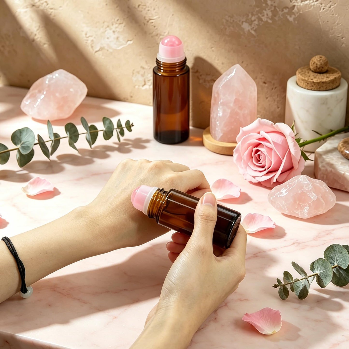 SilkGleam 5 Pack Amber Glass Essential Oil Roller Bottles, 50ml Rose Quartz Roll On Bottles with Natural Crystal Roller Balls, Leak-Proof Refillable Perfume Containers with Gold Caps for DIY & Travel