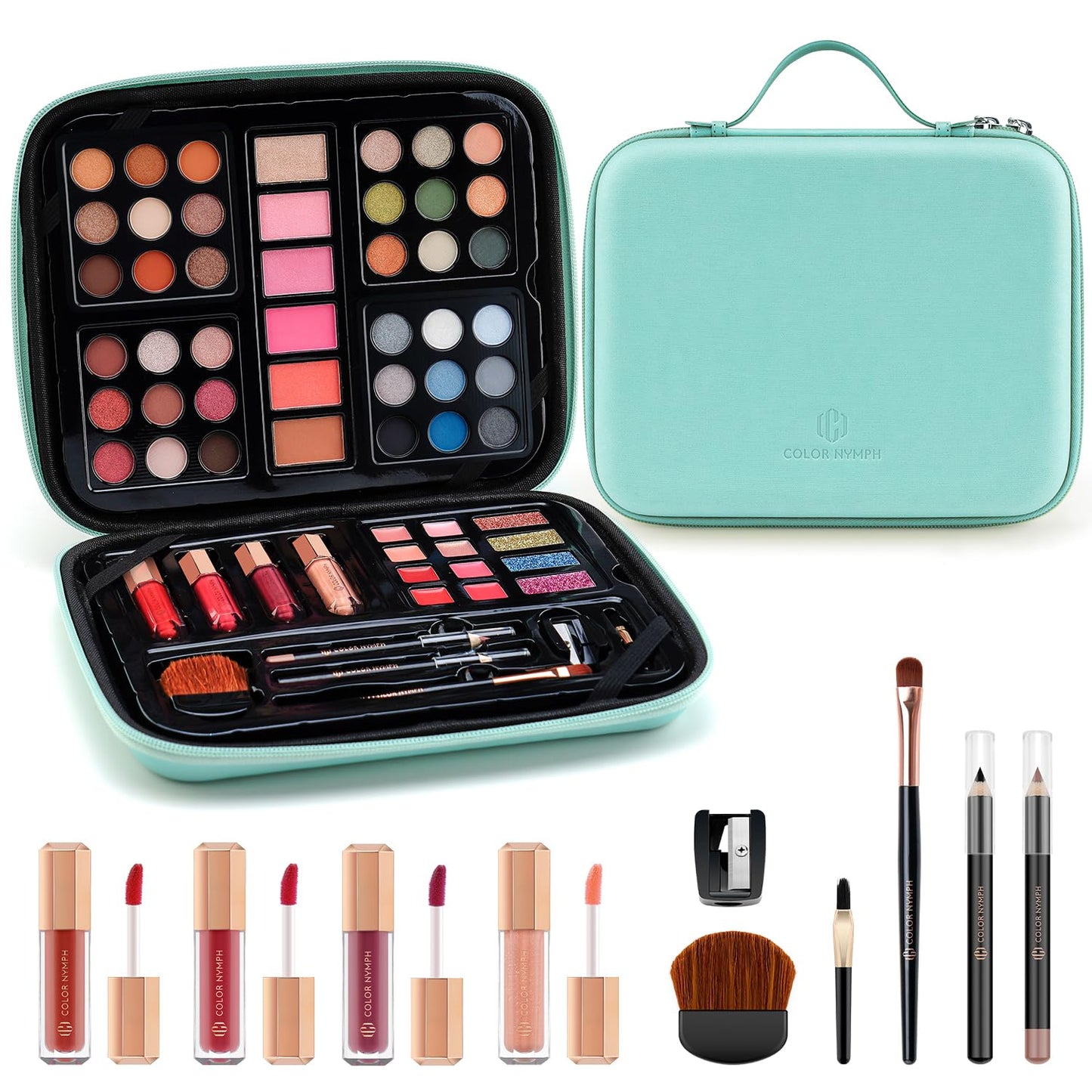 Multipurpose Makeup Kit for Teen Girls - Non-Toxic Travel Set | Eyeshadows, Blush, Bronzer, Highlighter, Lip Gloss & Brushes in Gold Case