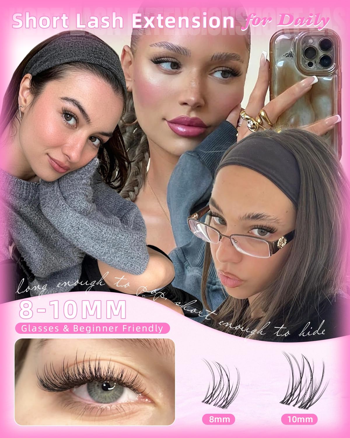 Short Cluster Eyelash Extensions - Wispy C-Curl Lashes with Soft Clear Band | 8-10mm Natural Look