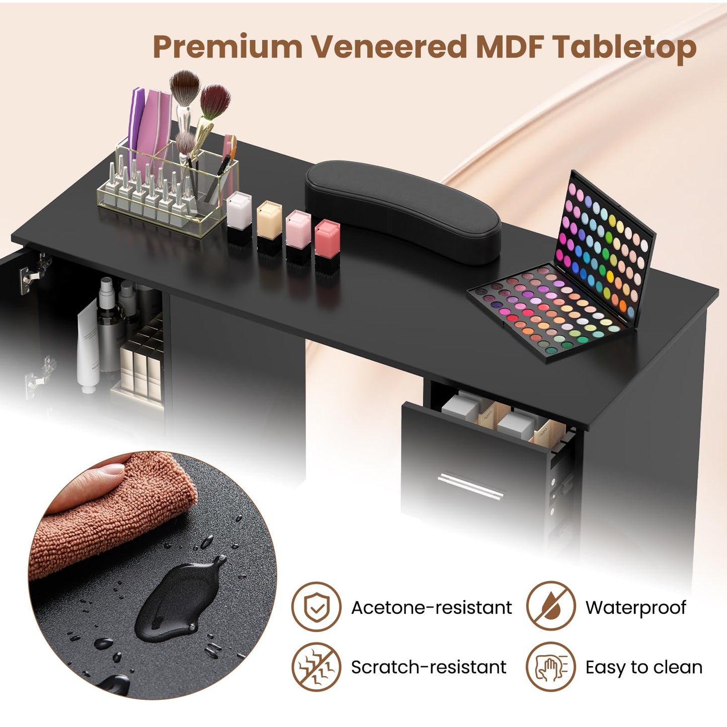 Giantex Manicure Table Nail Desk - Nail Table Station with 3 Drawers, 2 Storage Cabinet, Wrist Rest, Acetone Resistant Nail Art Workstation for Salon Beauty Home, Nail Desk for Nail Tech (Black)