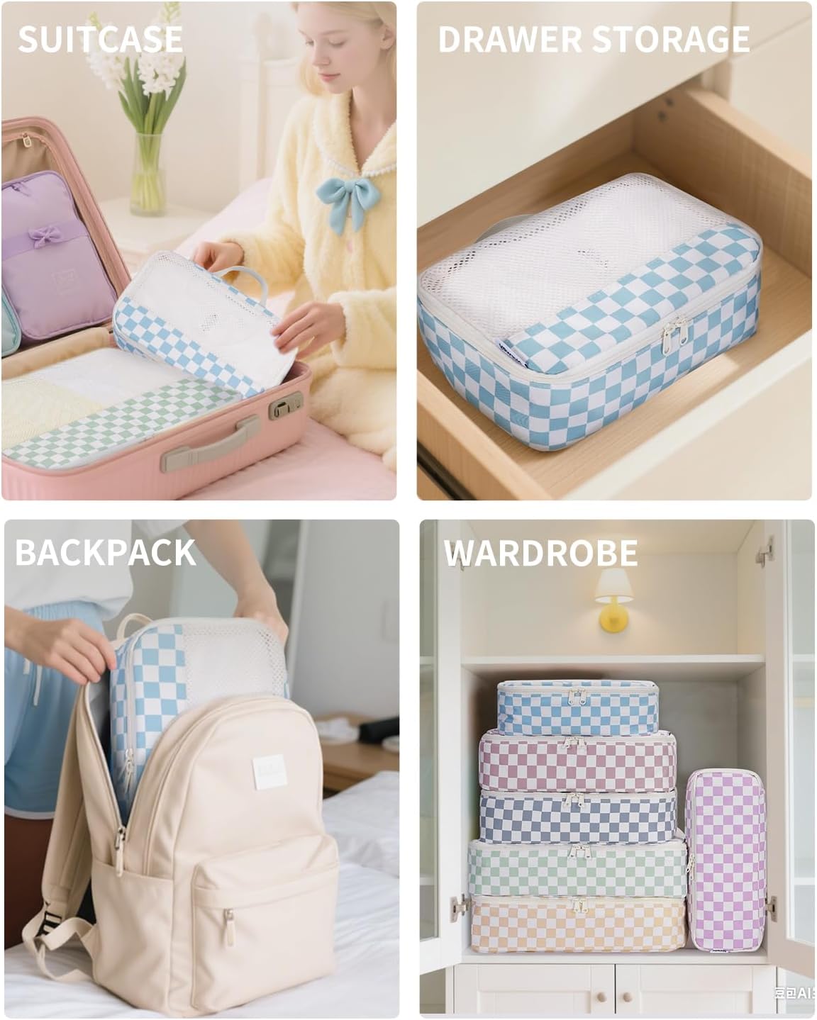 Checkered Packing Cubes Set - Durable Travel Organizer Bags for Kids & Women | 7-Piece Set