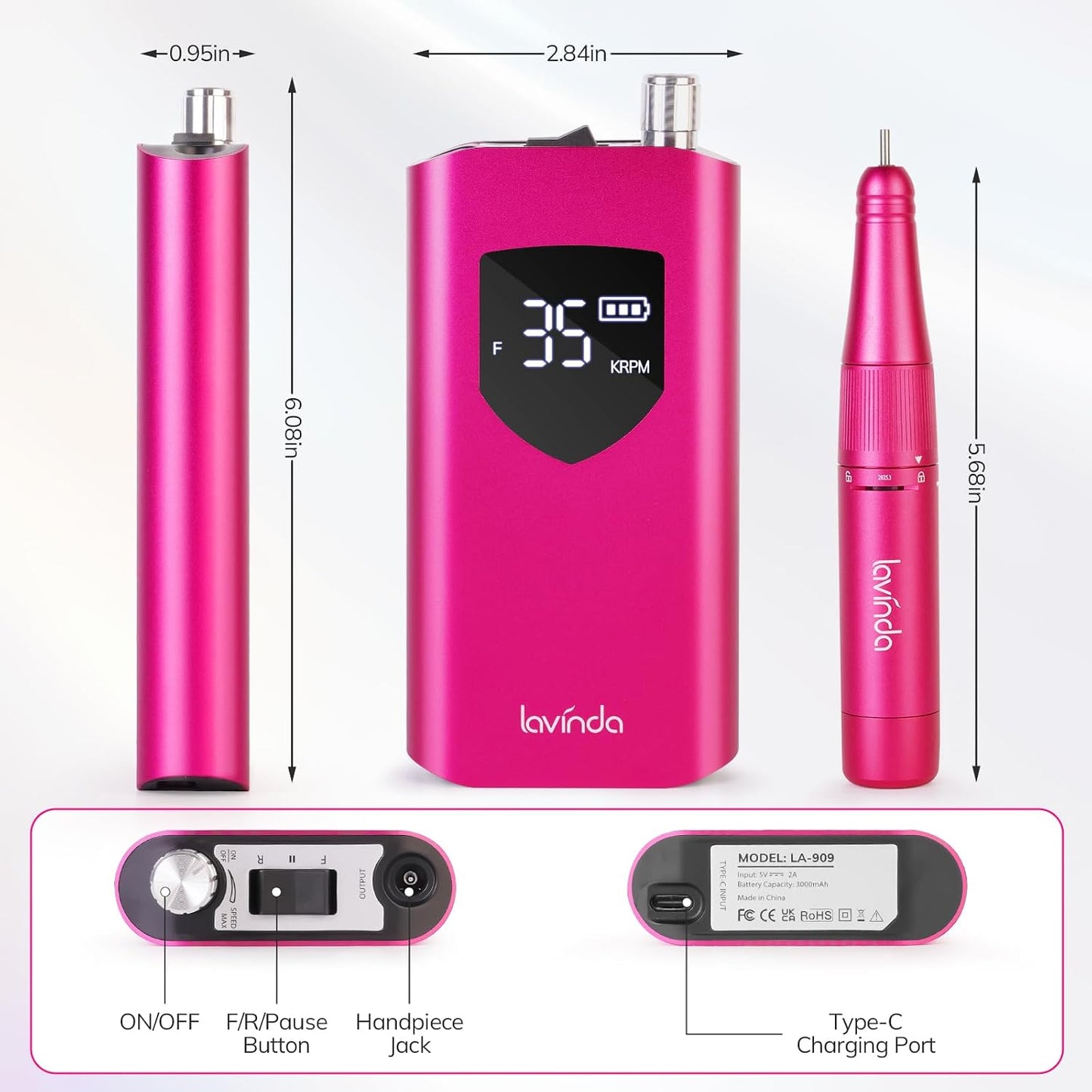 Lavinda Nail Drill - 35000 RPM Cordless Electric File for Acrylic & Gel Nails | Home & Salon Use - Viva Magenta