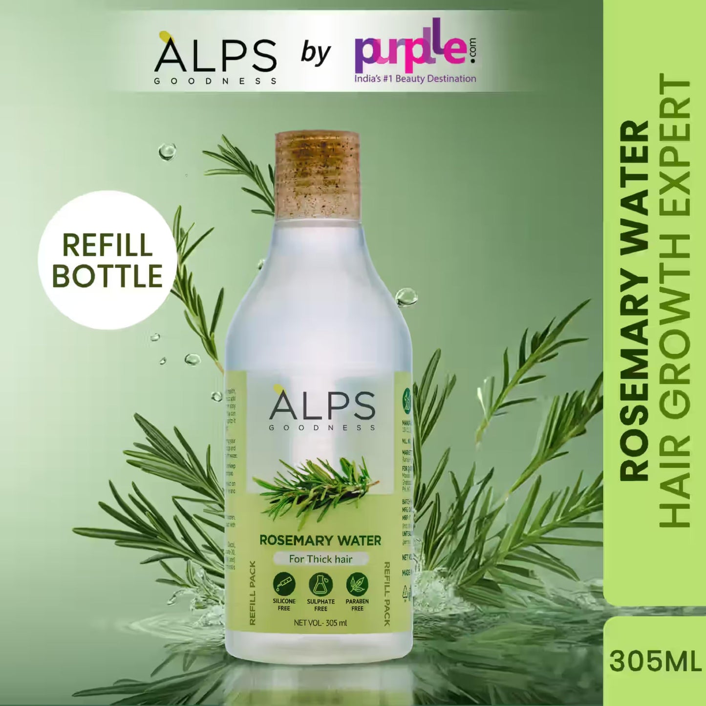 Alps Goodness Rosemary Water Refill Pack | Herbal Hair & Scalp Mist for Thicker-Looking Hair, Shine & Smoothness | Lightweight Non-Greasy Spray | Silicone, Sulfate & Paraben Free | 10.31 Fl Oz (305ml)
