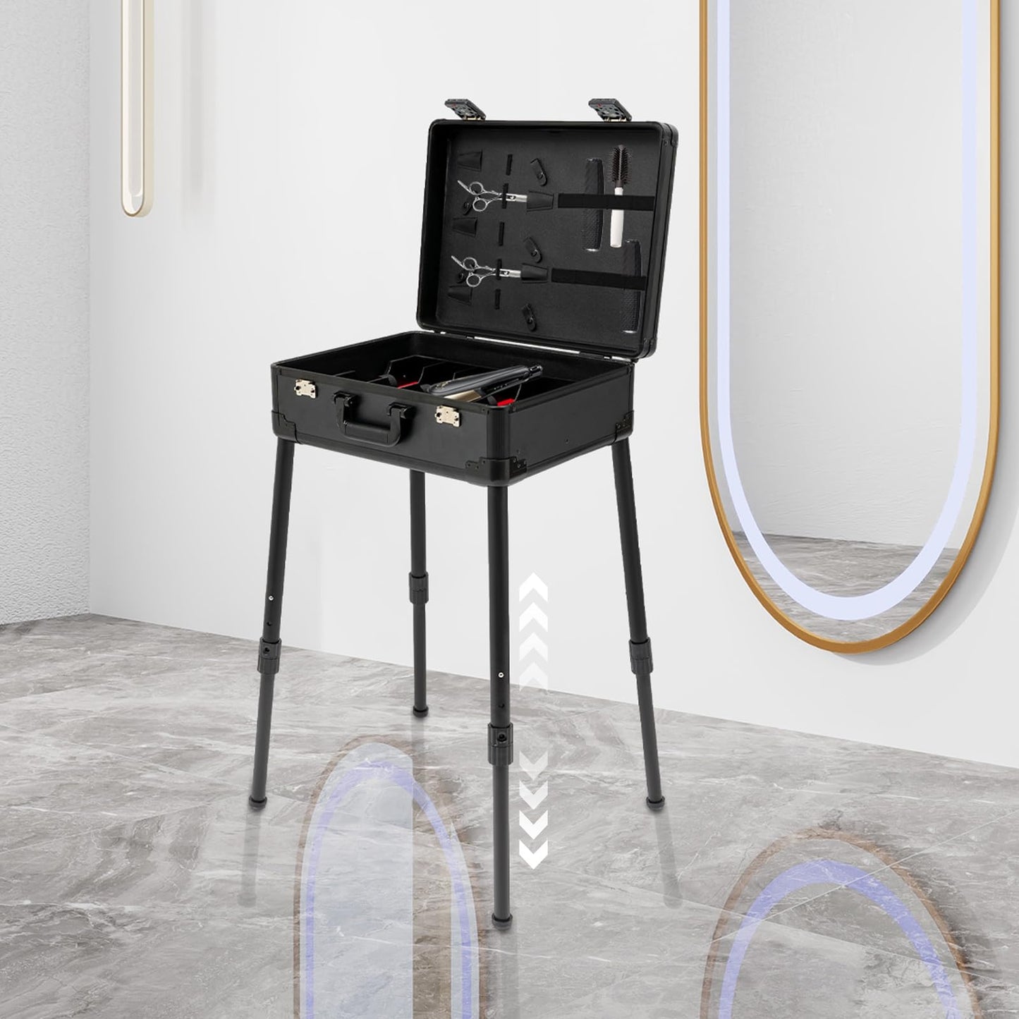 Ageanbri Barber Case for Hair Salon, Mobile Barber Station with 18.11-31.5 inch Adjustable Stand Legs, TSA Locks, Professional Barber Toolboxfor Clippers and Supplies (Black)
