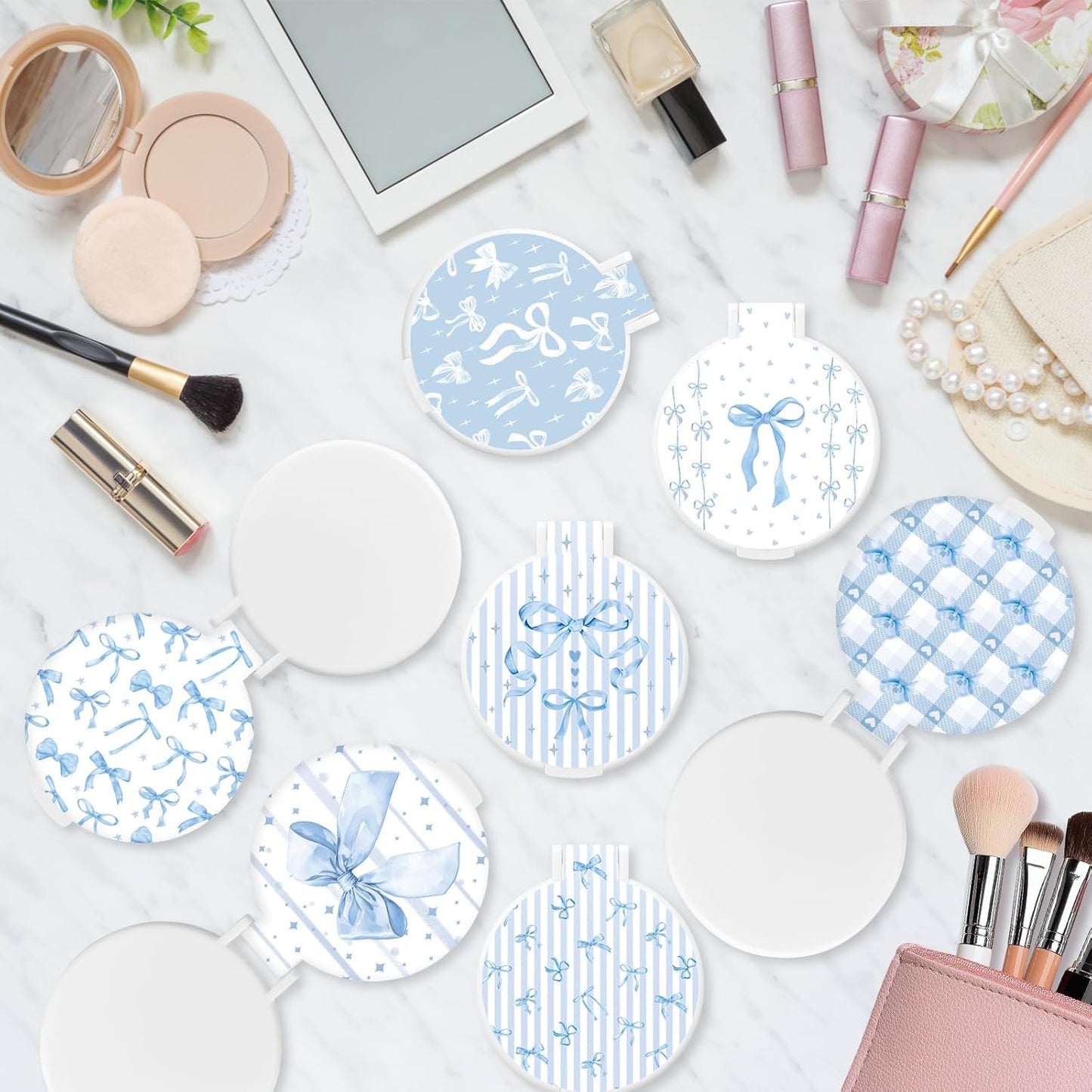 Blue Bow Compact Mirror - 50 Pcs Portable Folding Round Makeup Mirrors | Perfect Gifts for Women