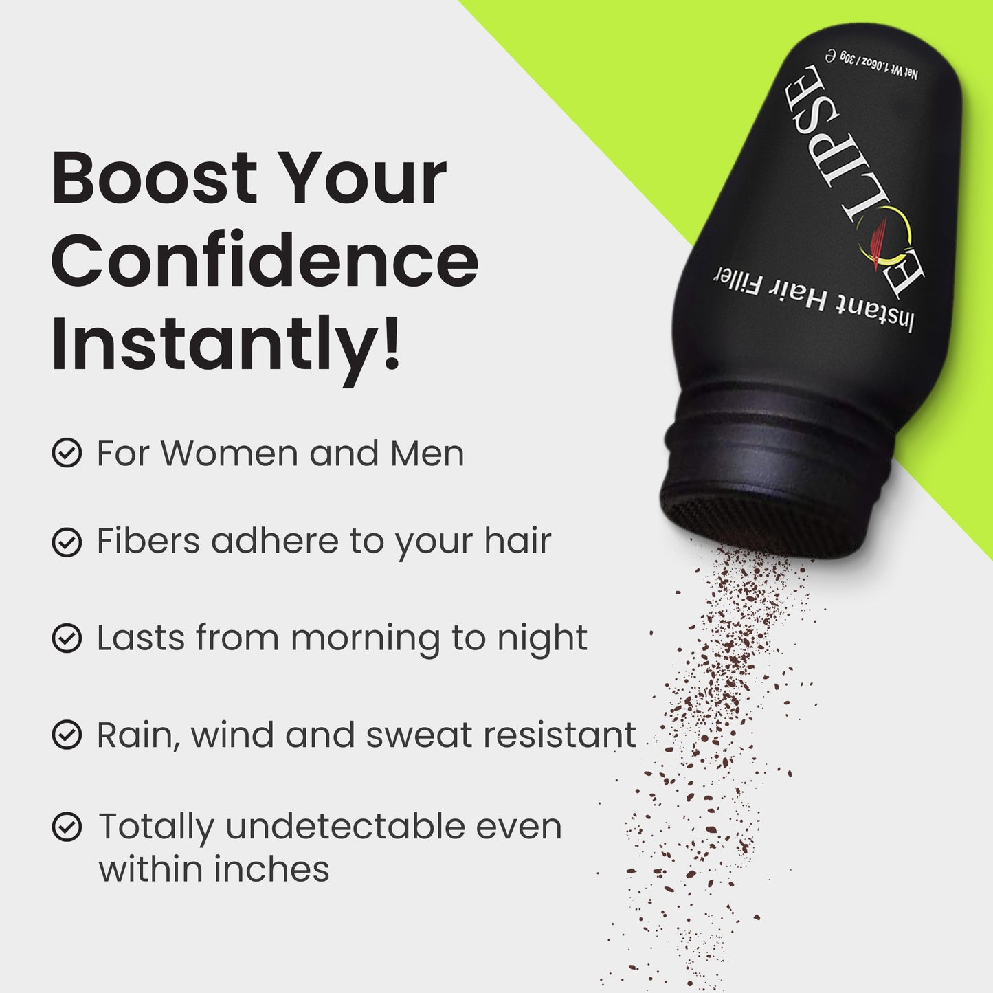 ECLIPSE Hair Fibers Medium Brown for Thinning Hair for Women & Men to Conceal Hair Loss in 15 Seconds - 100% Undetectable Hair Building Fibers, 15g