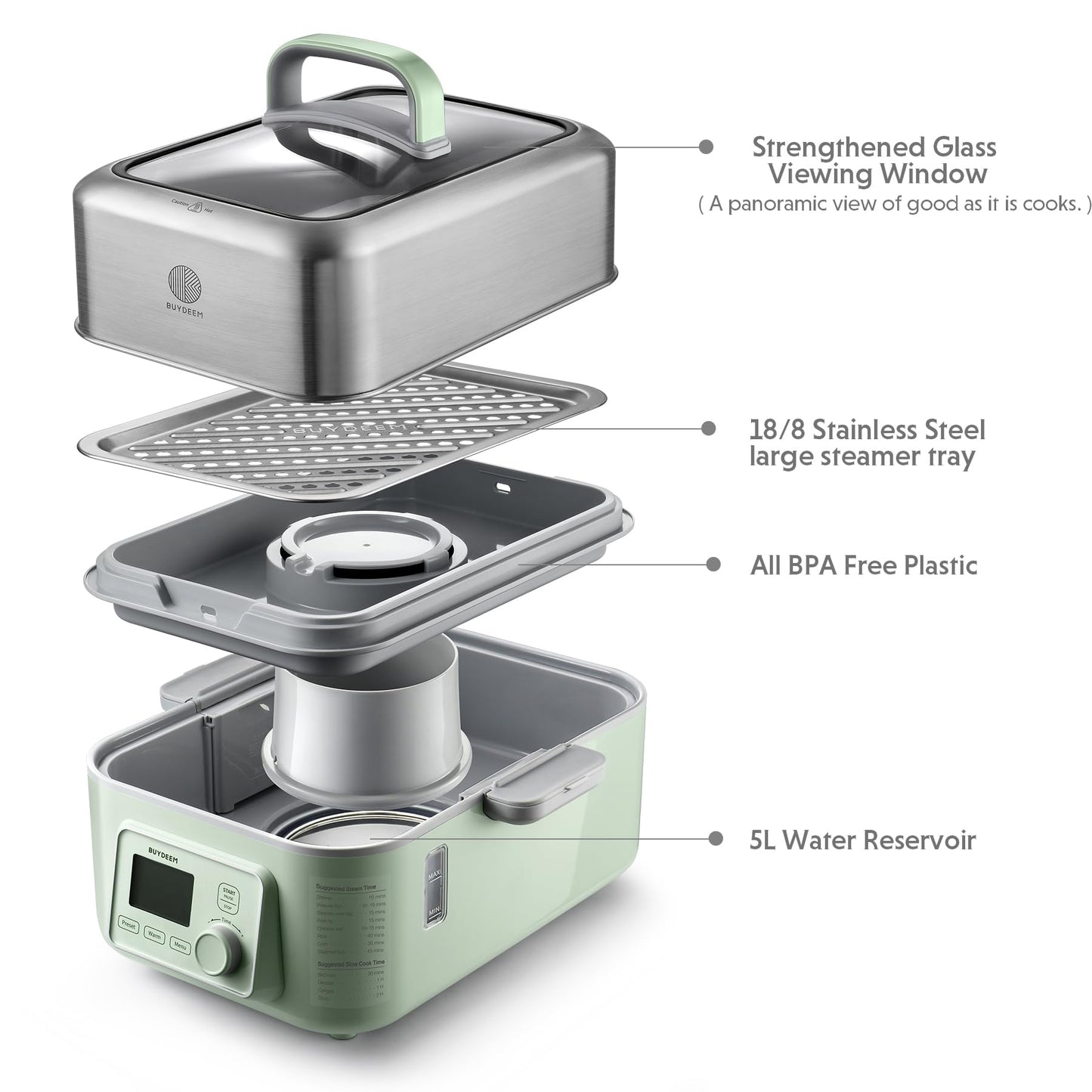 BUYDEEM G553 5-Quart Electric Food Steamer for 2-4 Servings, One Touch Vegetable Steamer for Cooking, Digital Multifunctional Steamer, Quick Steam, Stainless Steel Steamer Tray, No Stew Pots Included