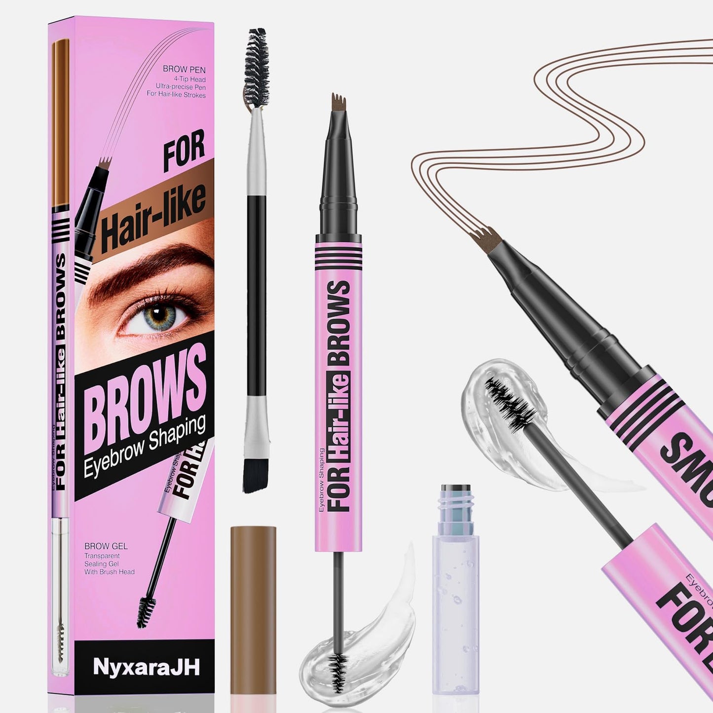 NyxaraJH 2-in-1 Eyebrow Pen and Gel Set, 4-Tip Ultra Precise Brow Shaping, 5 Hair Color Matching Shades, Transparent Sealing Gel, Natural Definition, 3#Dark Brown