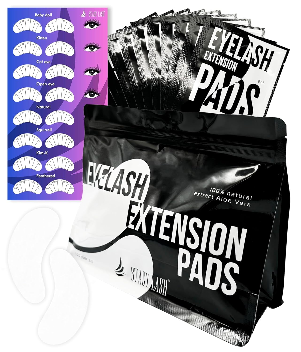 STACY LASH 100 Pairs Set Under Eye Gel Pads for Eyelash Extension - Lint Free Patches with Vitamin C and Aloe Vera Lash Supplies and Beauty tools - Hydrogel Eye Pads - Skin Moisturizes