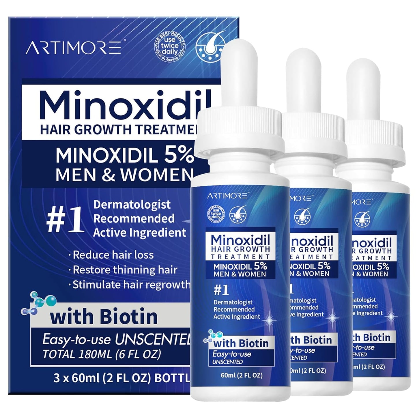 Minoxidil Hair Growth Serum for Men & Women - Extra Strength 5% with Biotin | 6 FL OZ, 3 Dropper Set