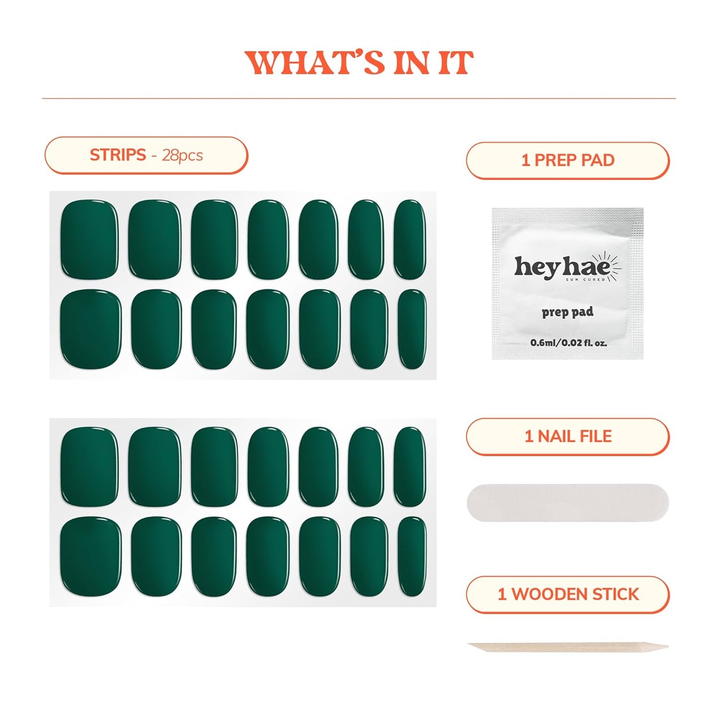 Semi Cured Gel Nail Strips - Solid Green | Easy Apply & Remove, Salon Quality | 28 Strips, Prep Pads & Nail File Included