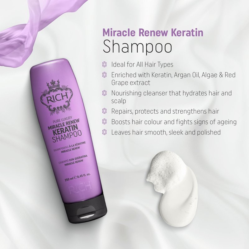 RICH Pure Luxury Miracle Renew Keratin Shampoo for All Hair Types - Repair, Protect and Strengthen Damaged Hair & Split Ends - Argan Oil, Algae & Red Grape extract - 8.45 Oz
